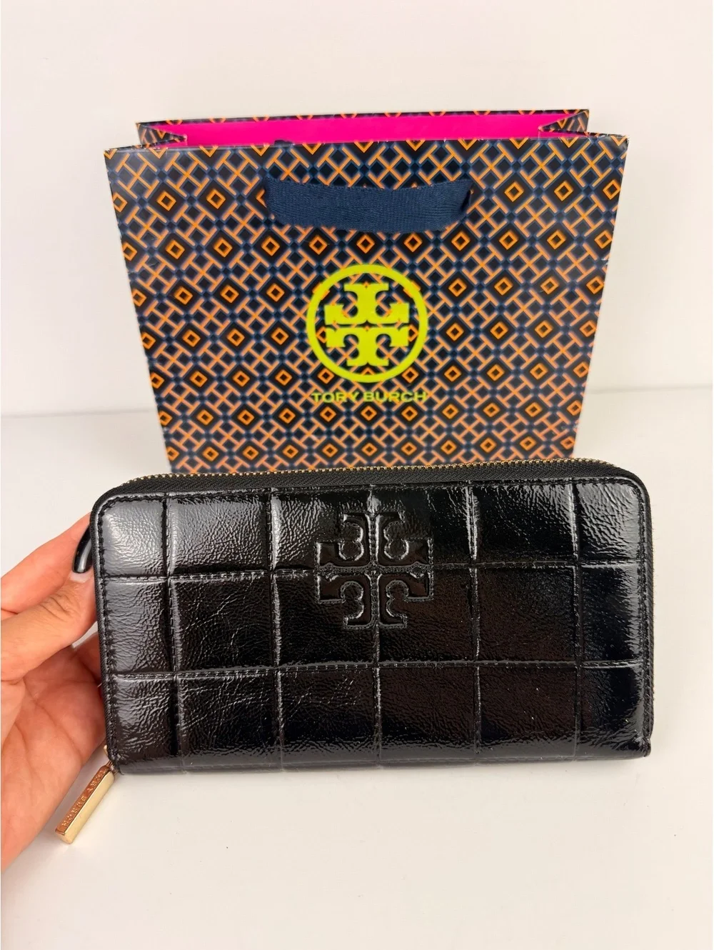 Tory Burch Marion Quilted Patent Leather Zip Around Continental Wallet Black
